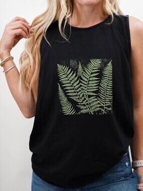Rough Woodcut Fern Tank Top 🌿🖤 | Distressed Vintage Linocut Style